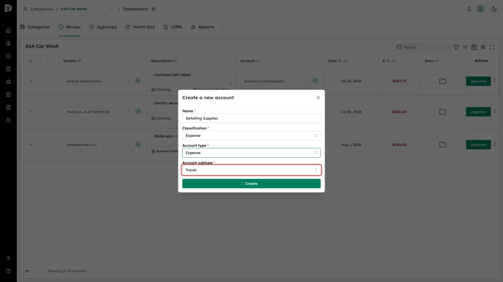 Account subtype field pre-filled with Travel