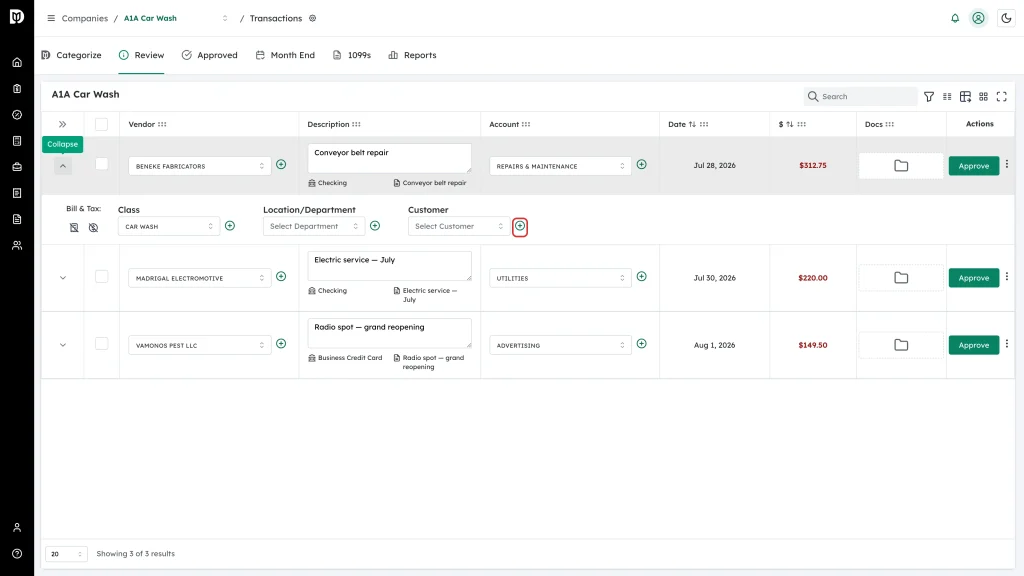 Green plus button beside the Customer picker in the expanded transaction row