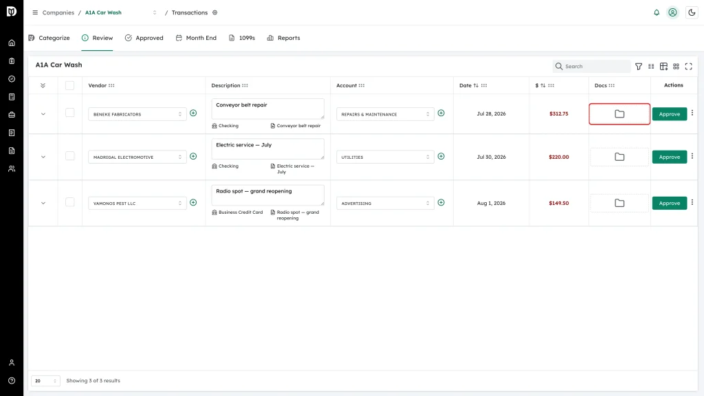 Dashed folder drop zone in the Docs column of the first transaction row