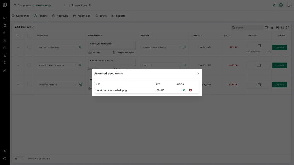 File, Size and Action table inside the Attached documents panel