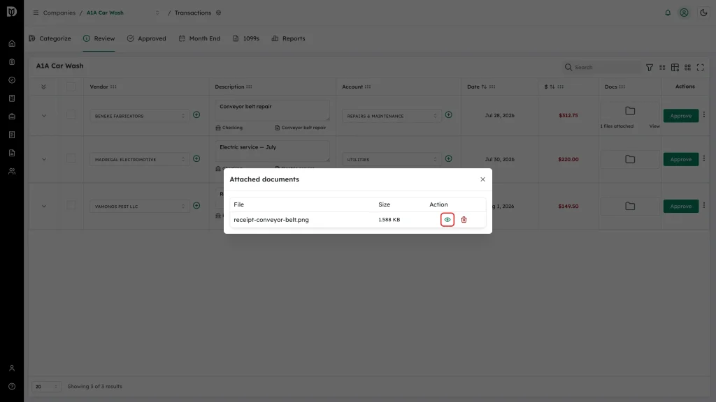 Eye view icon in the Action column of the Attached documents panel