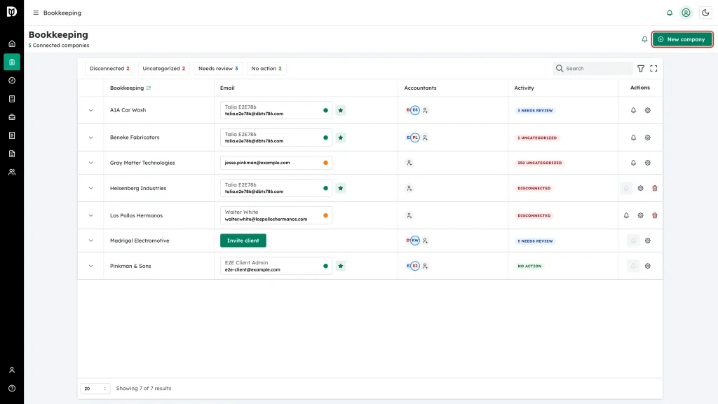 New company button at the top right of the Bookkeeping page