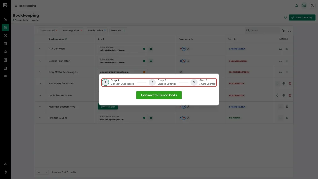 Step 1 Connect QuickBooks, Step 2 Choose Settings and Step 3 Invite Client(s) across the top of the wizard