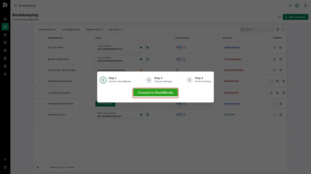 Green Connect to QuickBooks button inside the wizard