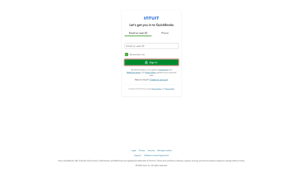 Sign in button on the Intuit sign-in page that Debits redirects to