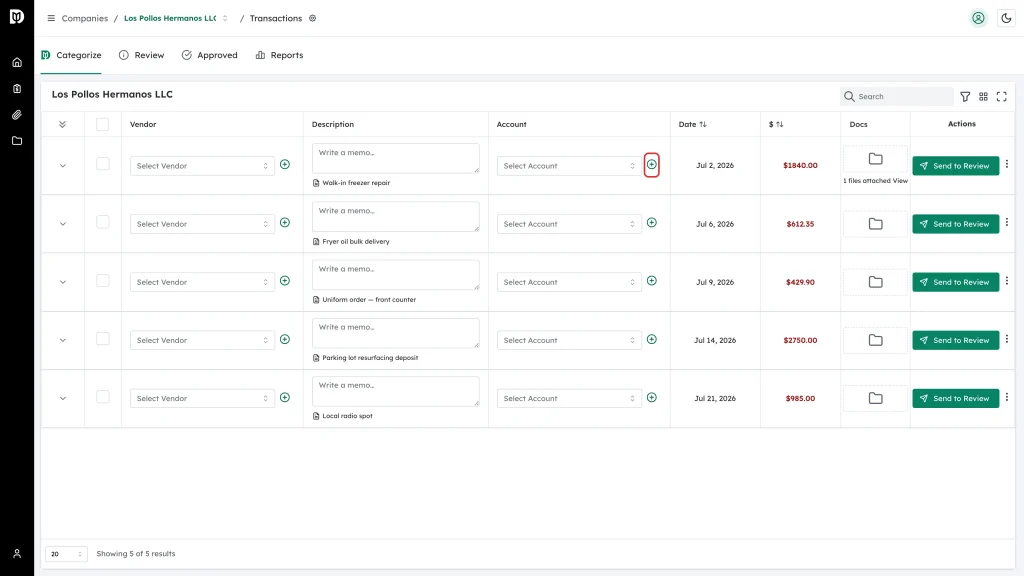 The + button beside the Select Account field on a transaction row