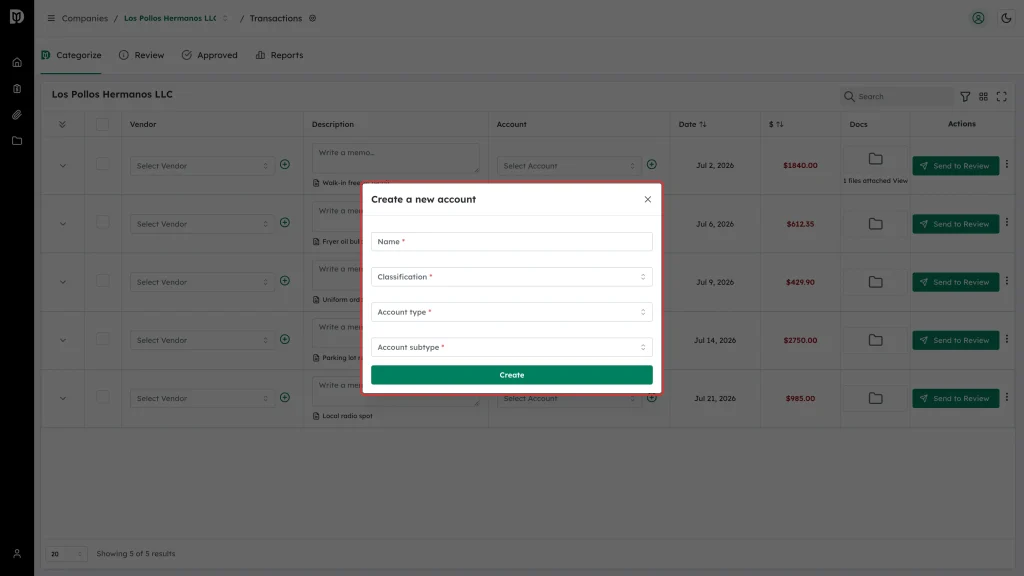 The Create a new account window with its Name, Classification, Account type and Account subtype fields
