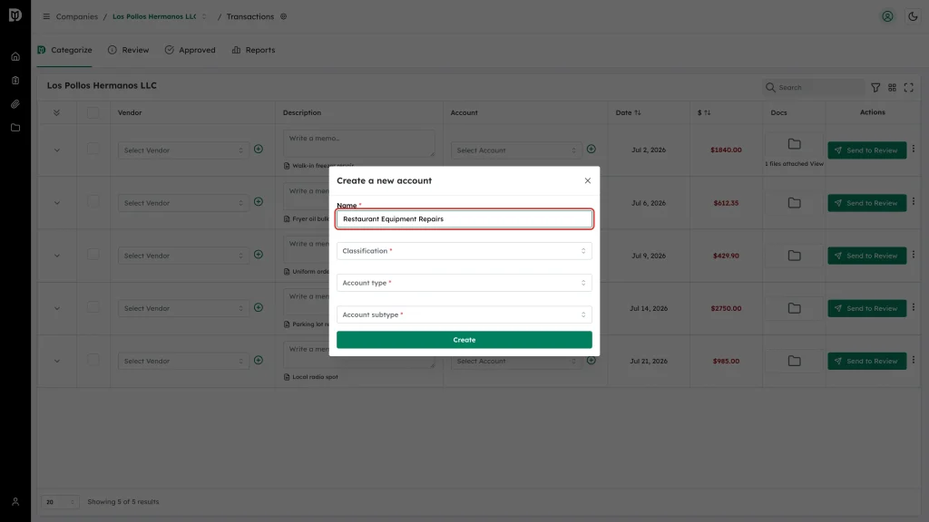 The Name field with the new account name typed in