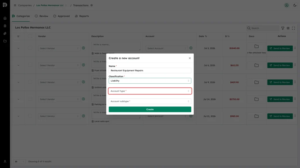 The Account type field with its list open
