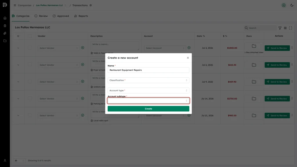 The Account subtype field with its list open
