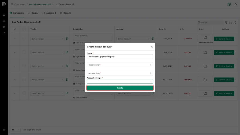 The Create button at the bottom of the Create a new account window