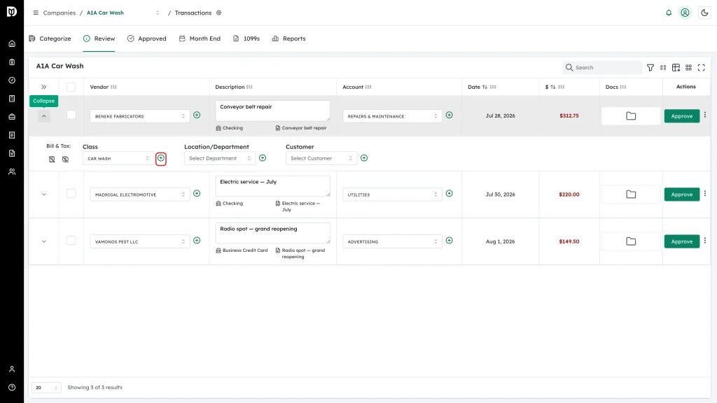 Green plus button beside the Class picker in the expanded transaction row