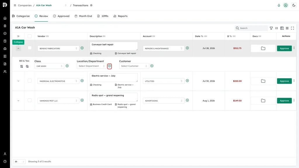 Green plus button beside the Location/Department picker in the expanded transaction row
