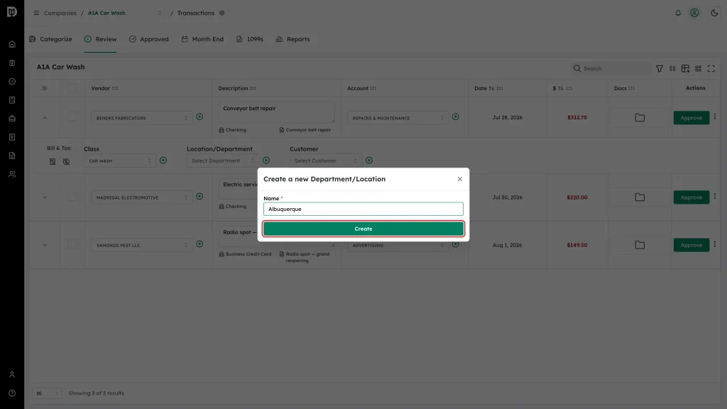 Create button in the Create a new Department/Location window