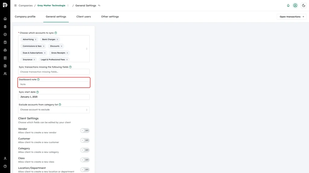 The empty Dashboard note field
