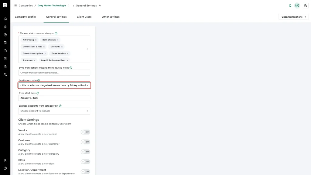 The Dashboard note field with a message typed in it