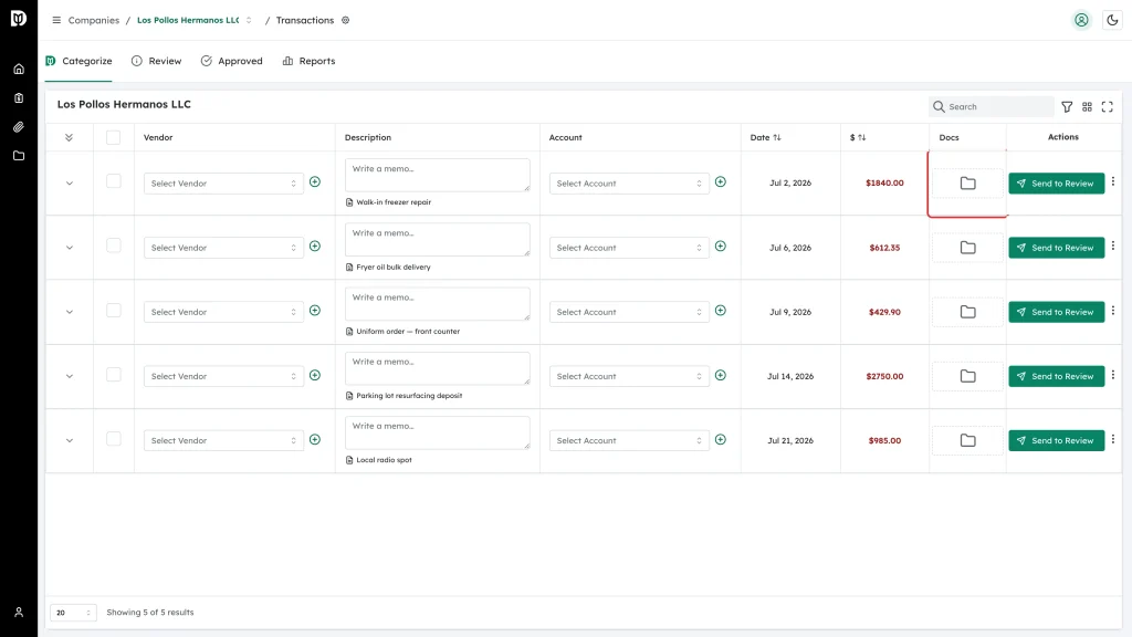 The dashed file drop zone in the Docs column of a transaction row