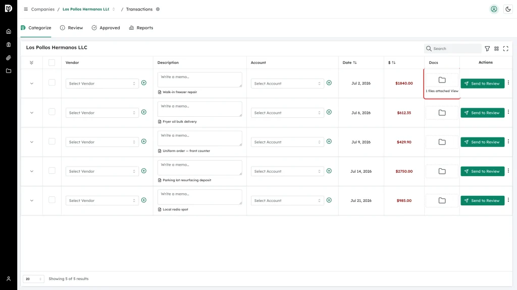 The Docs cell showing 1 files attached with a View link