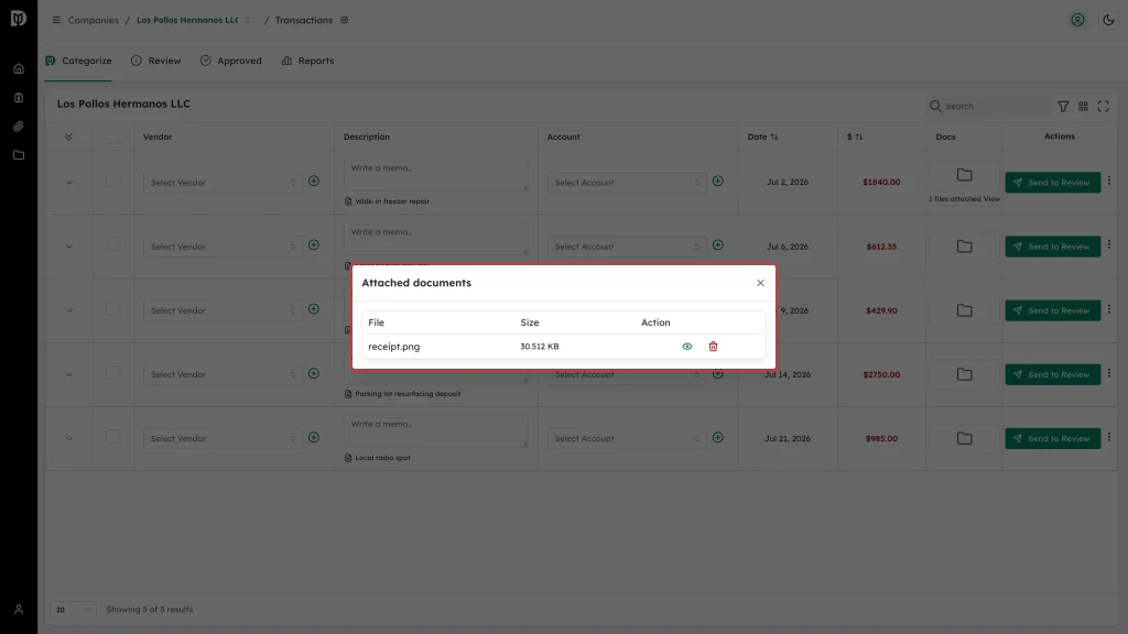 The Attached documents window listing receipt.png with view and delete icons