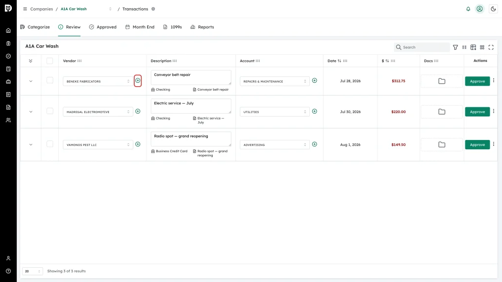 Green plus button beside the Vendor picker on the first transaction row