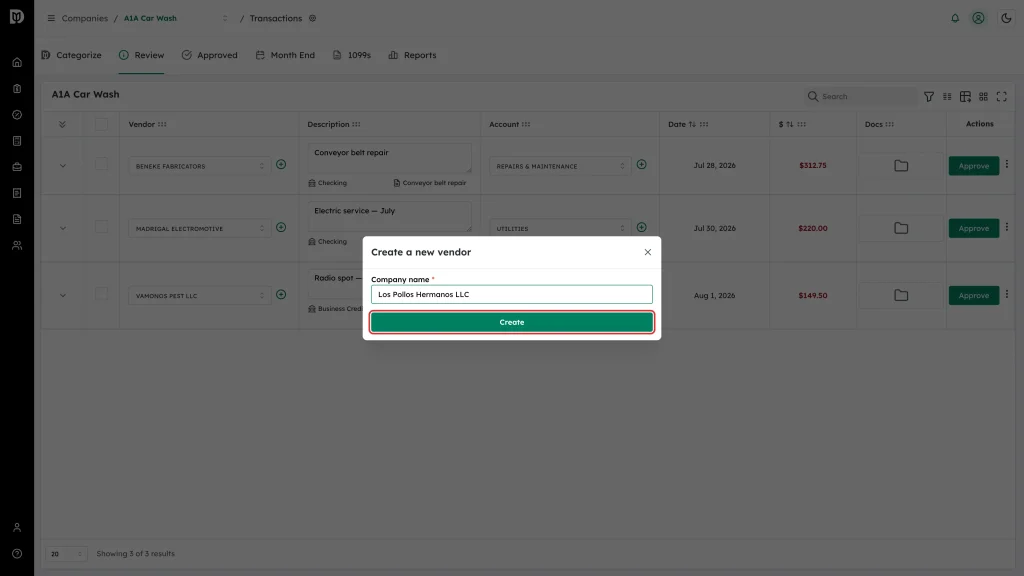Create button in the Create a new vendor window