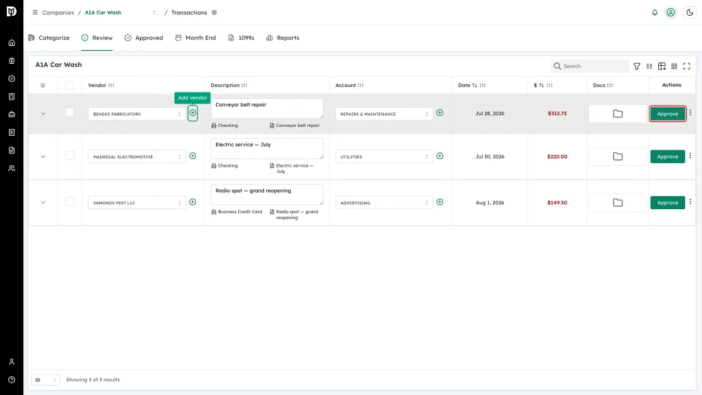 Approve button in the Actions column of the transaction row
