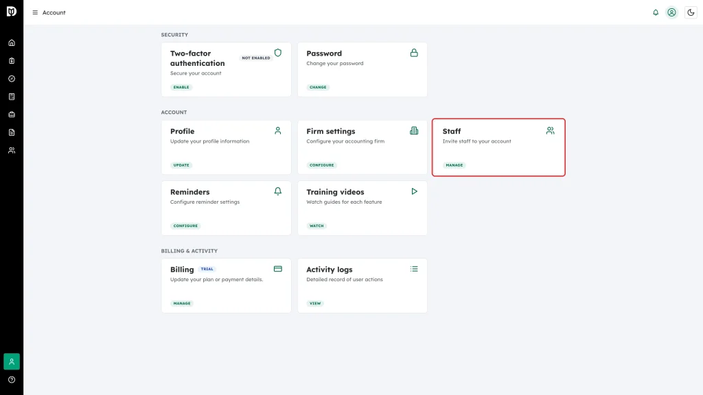 The Staff card on the Account page with its Manage link