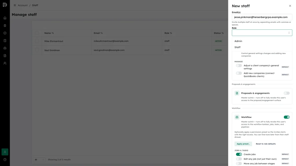 The Role list open showing Admin and Staff