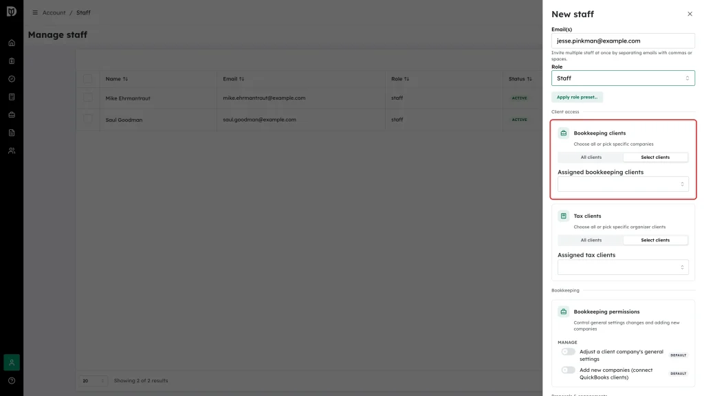 The Bookkeeping clients block with Select clients chosen and the Assigned bookkeeping clients picker