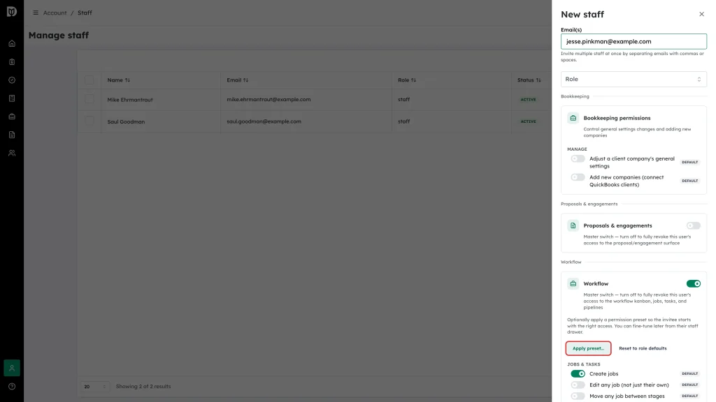 The Apply preset button inside the Workflow permissions block