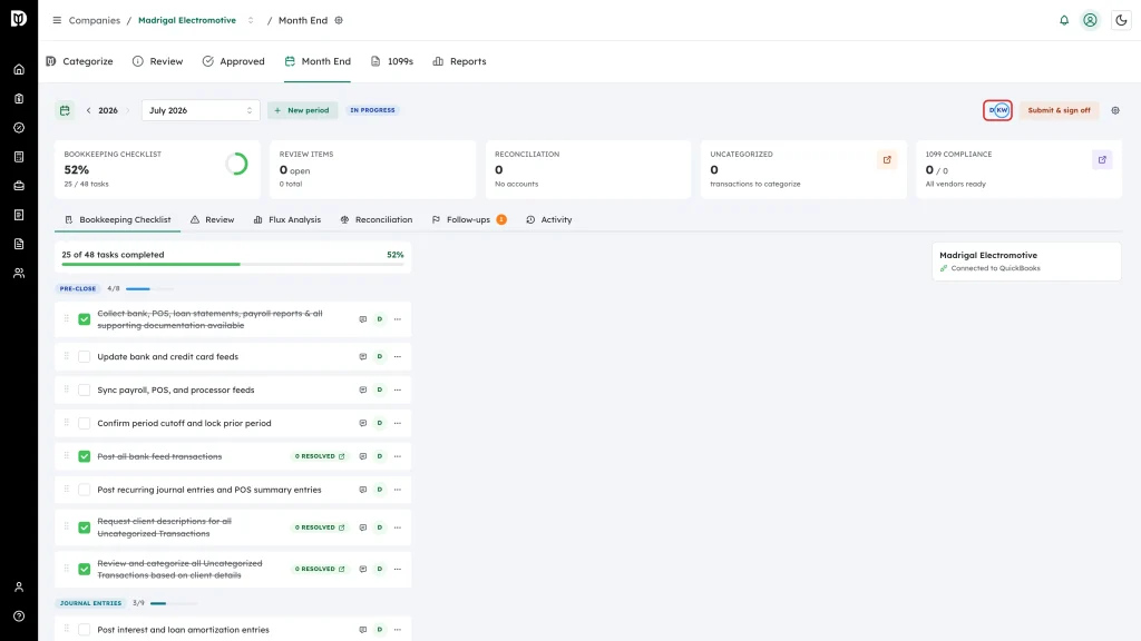 Highlighted bookkeeper and reviewer avatars in the workspace header