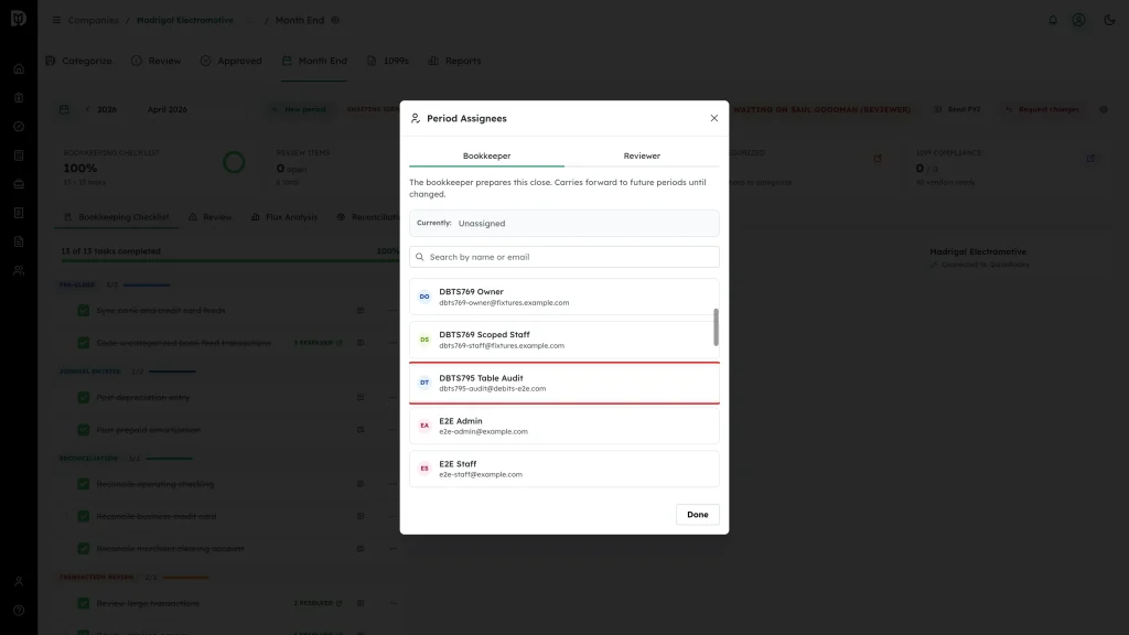 Highlighted accountant being selected in the assignee picker