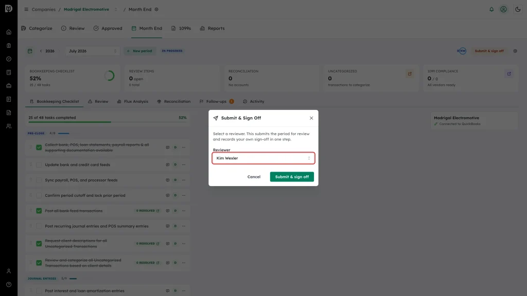Highlighted Reviewer field in the Submit and Sign Off window