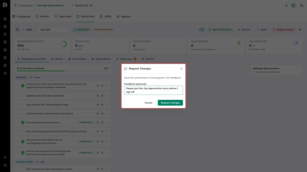 Highlighted Request Changes window with feedback typed in
