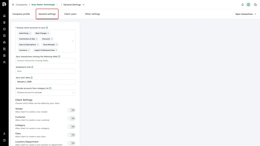 The General settings tab in the company settings tab bar
