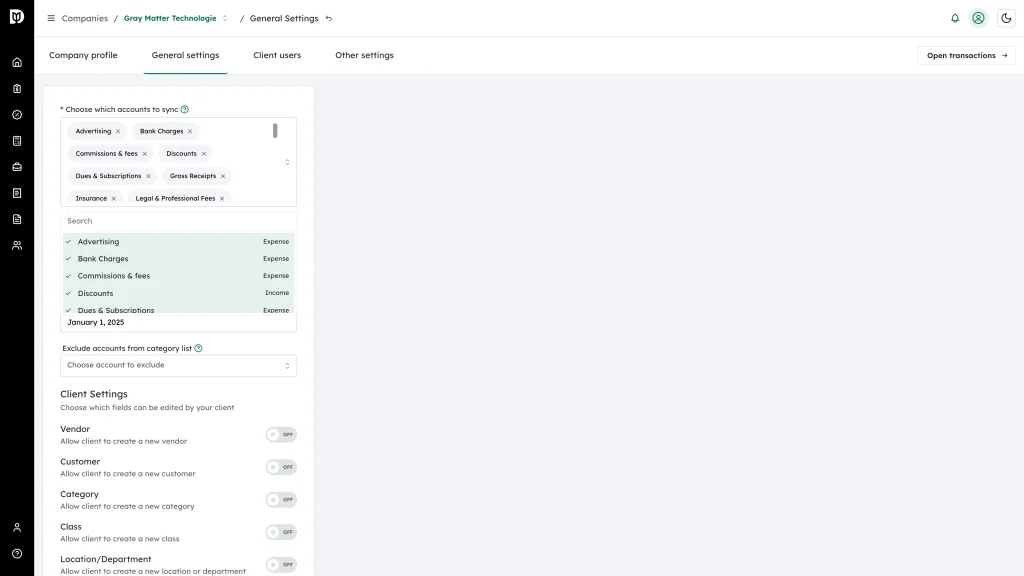 The open account list with a search box, account names and QuickBooks account types