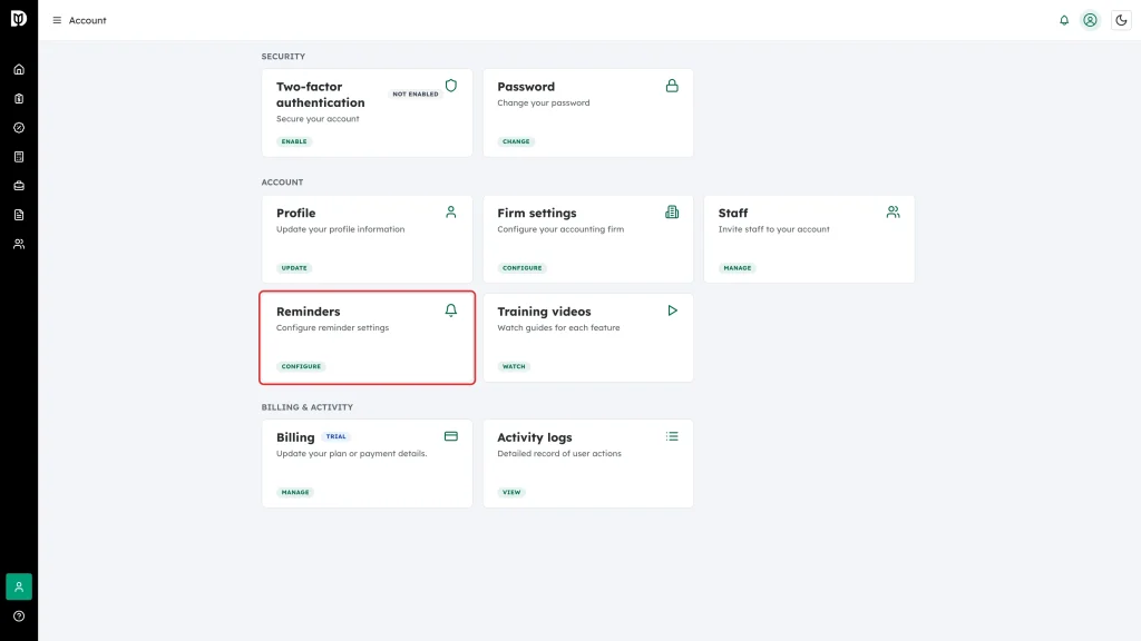 The Reminders card on the Account page with its Configure link