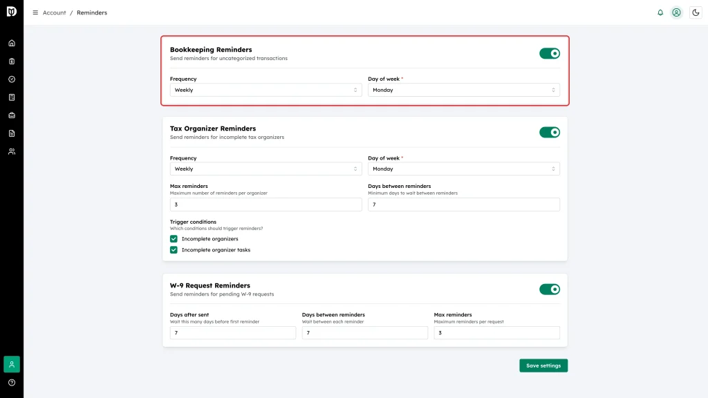 The Bookkeeping Reminders block with its on/off switch, Frequency and Day of week fields