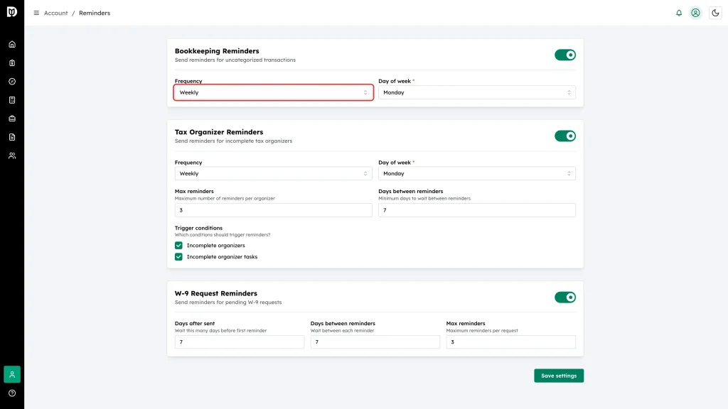 The Frequency field in the Bookkeeping Reminders block