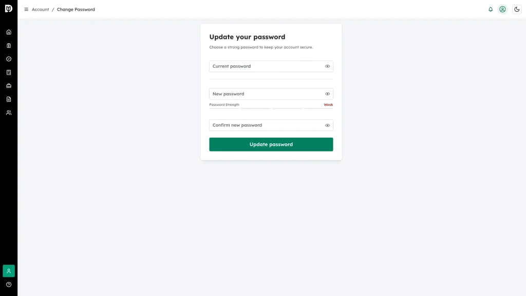 The empty Update your password form