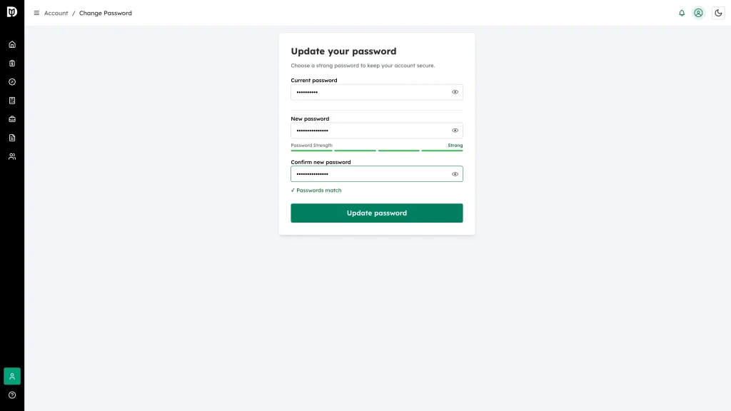 The Password Strength meter reading Strong and the Passwords match confirmation
