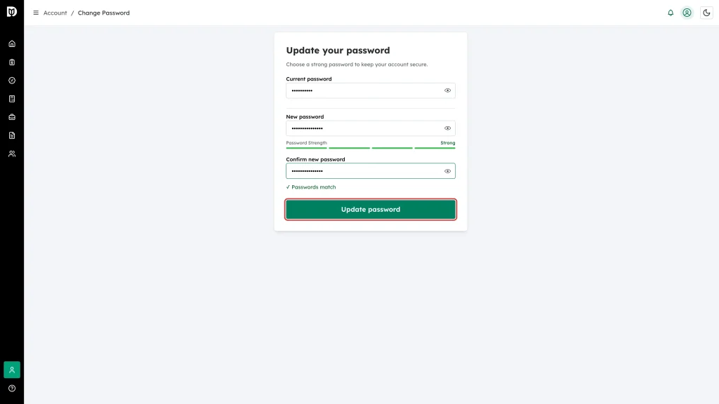 The Update password button at the bottom of the form