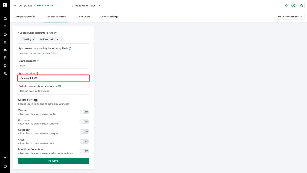 Sync start date field showing January 1, 2026