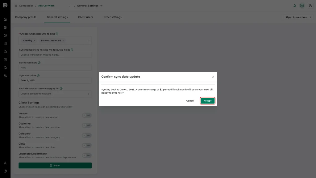 Accept button in the Confirm sync date update window