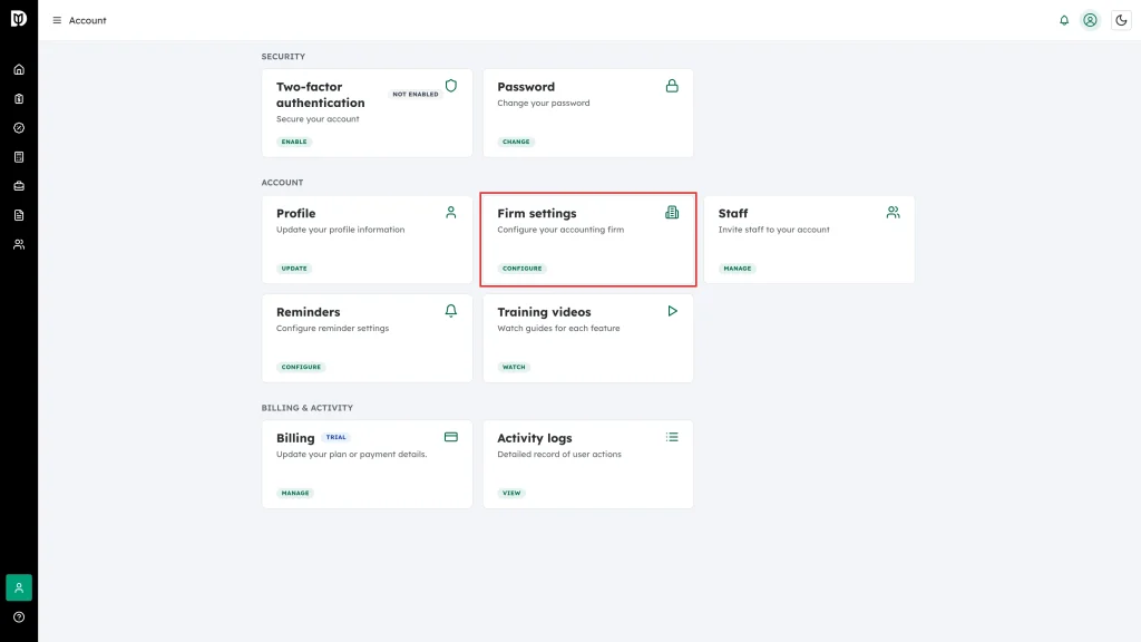 The Firm settings card highlighted on the Account page