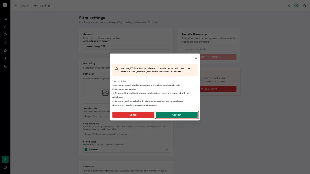 The Confirm button highlighted in the close-account confirmation window, beside the red Cancel button and the list of data to be deleted