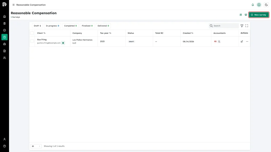 The New survey button at the top right of the Reasonable Compensation page