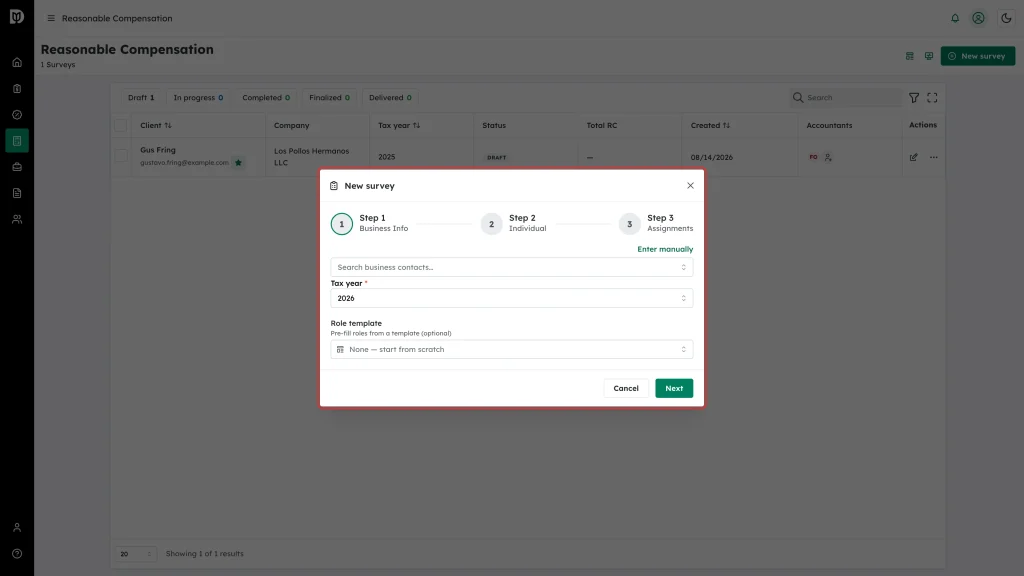 The New survey window on Step 1, Business Info