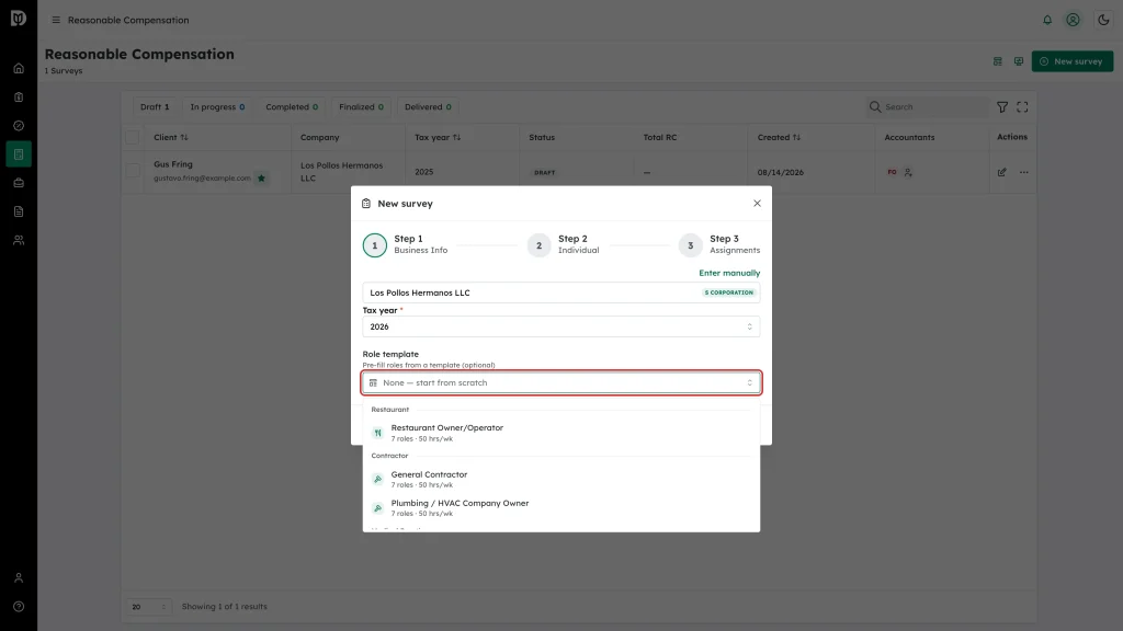 The Role template list showing templates grouped by business type