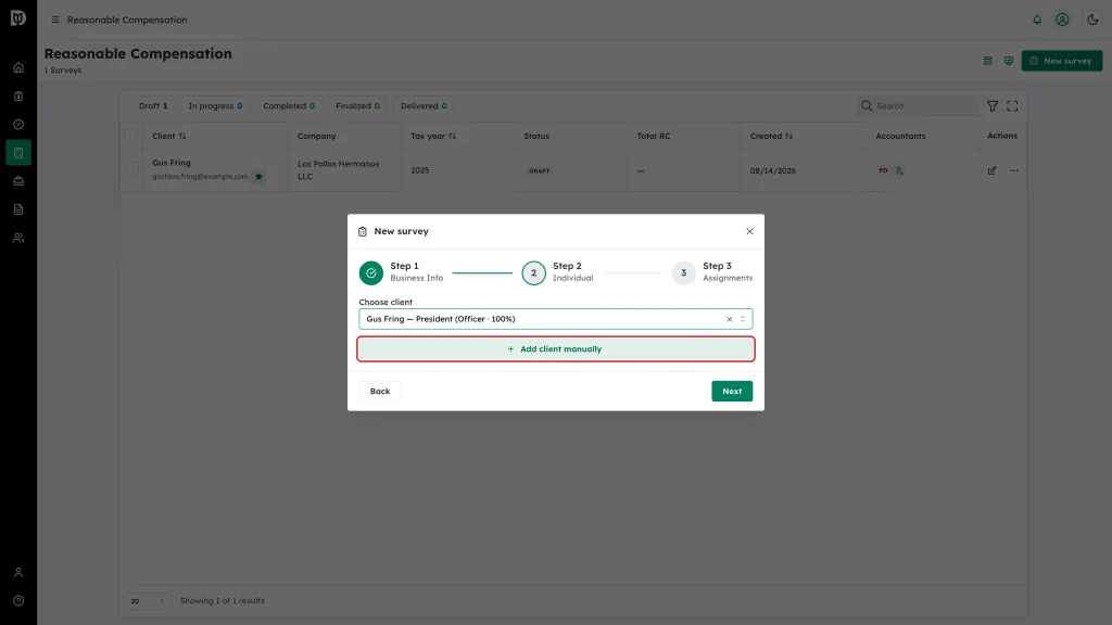 The Add client manually button under the Choose client field
